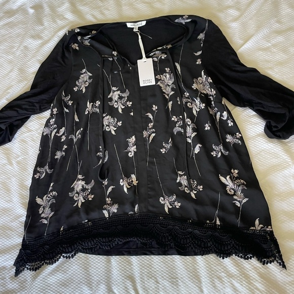 Rose & Olive Mixed Media Black Floral Blouse with Lace Trim - Picture 1 of 7